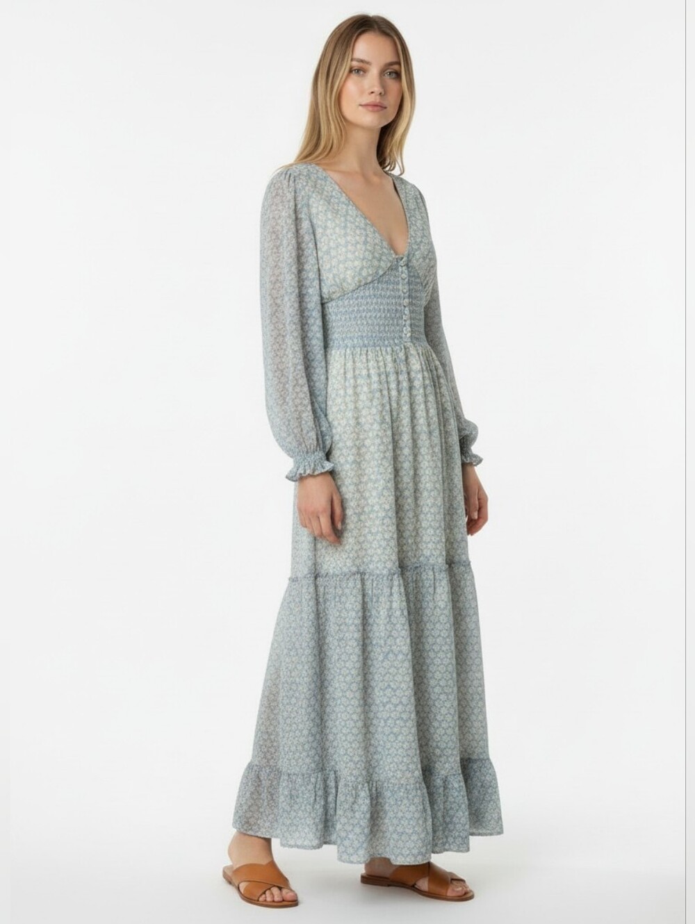 Patrons of Peace Tiered Maxi Dress Prairie Smocked Sheer Long Sleeves Blue Cream